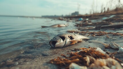Poster - A dead fish lies on the shore amid floating plastic waste and visible oil spills, highlighting the impact of pollution on marine life. Generative AI