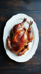 Wall Mural - Delicious roasted whole duck lying on white plate over dark wooden background, top view