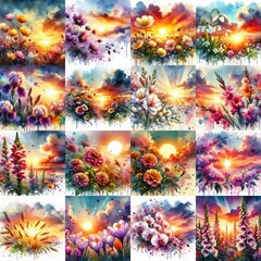 Canvas Print - watercolor flowers and sunset drawing style floral background. AI generated illustration