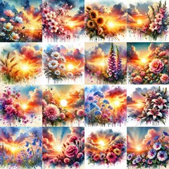 Sticker - watercolor flowers and sunset drawing style floral background. AI generated illustration