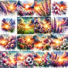 Canvas Print - watercolor flowers and sunset drawing style floral background. AI generated illustration