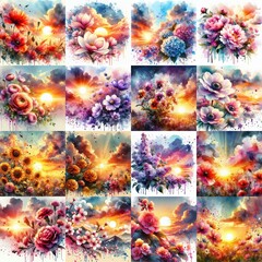 Wall Mural - watercolor flowers and sunset drawing style floral background. AI generated illustration