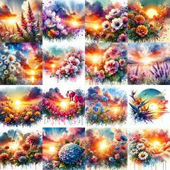 Poster - watercolor flowers and sunset drawing style floral background. AI generated illustration