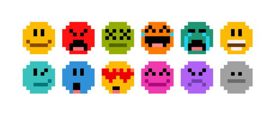 Poster - Pixel colorful emotions avatars icons in 8-bit retro video game style - editable vector graphics