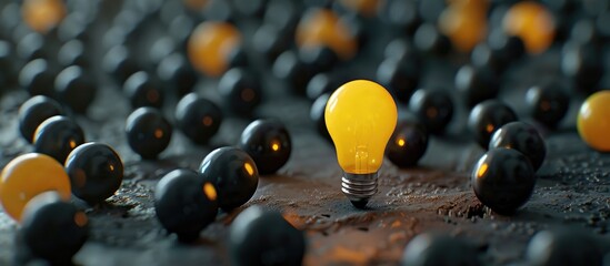 Wall Mural - business creative and idea concept yellow light bulb standing on gray floor surrounded with many bla
