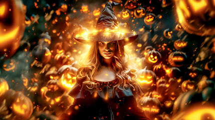 A mystical witch with long, flowing hair and a magical hat stands amidst a swirling array of illuminated pumpkins, capturing the essence of Halloween festivities at night