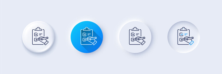 Poster - Checklist line icon. Neumorphic, Blue gradient, 3d pin buttons. Clipboard document sign. Questioning survey symbol. Line icons. Neumorphic buttons with outline signs. Vector