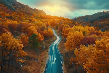 Poster - Autumn Road Through Golden Forest