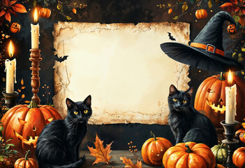 Halloween frame with black cat and pumpkins