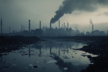 Poster - A dense layer of smog engulfs a city skyline, with a polluted river strewn with plastic, highlighting environmental degradation. Generative AI
