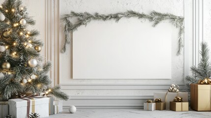 Blank white banner with Christmas decorations. Christmas mockup