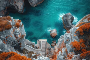 Canvas Print - Aerial View of Steps Leading to a Tranquil Turquoise Cove