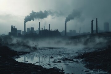 Poster - A hazy skyline dominates the view, featuring silhouettes of factories amid a river clogged with plastic waste and environmental decay. Generative AI