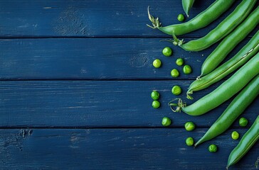 Poster - Fresh Green Peas on Blue Wooden Background