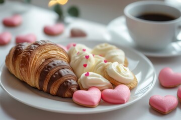 Wall Mural - Valentines Day Breakfast with Coffee. Romantic and Delicious Meal with Croissant and Cookie