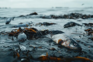 Aufkleber - Dead fish are strewn across the shore, accompanied by floating plastic and signs of oil spills harming marine life and ecosystems. Generative AI