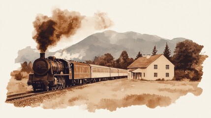 Vintage style illustration oldfashioned train ticket rich details sepia tones nostalgic and historical feel brown and beige palette