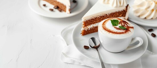 Wall Mural - Cappuccino With Slices Of Cake On A White Background