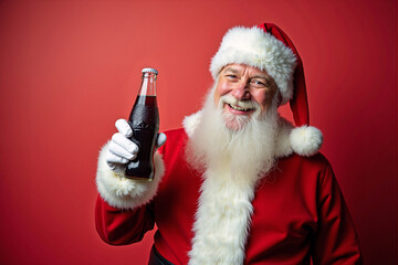 Smiling Santa Claus with soft drink bottle in his hand on red background. Copy space. AI generative.