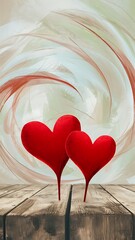 Wall Mural - Two red hearts stand on a wooden surface on a light abstract background