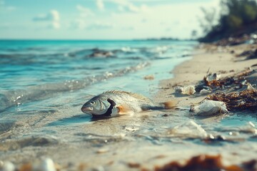 Poster - A dead fish lies on the shoreline, surrounded by floating plastic debris and visible oil spills, highlighting ocean pollution issues. Generative AI