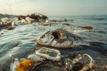 Poster - A lifeless fish lies on the shore, creating a stark contrast against floating plastic debris and oil slicks, highlighting ocean pollution. Generative AI