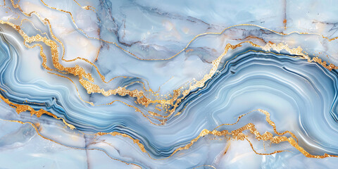 Soft blue marble background with gold glitter veins, realistic style