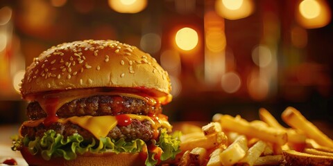 Sticker - Front view of a cheeseburger and fries