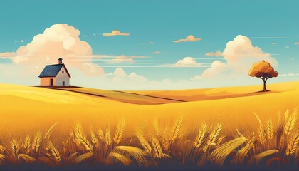 A tranquil farmhouse stands alone in a golden wheat field under a bright blue sky with fluffy white clouds during midday poster