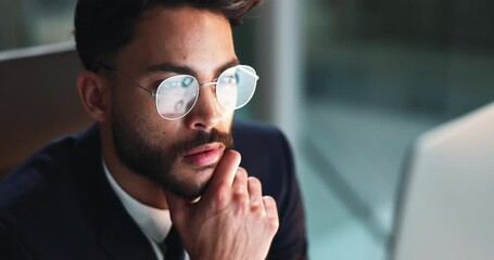 Leinwandbilder - Reading, glasses and businessman in office at night for corporate budget report deadline. Thinking, computer and male financial analyst working overtime for company investment analysis in workplace.