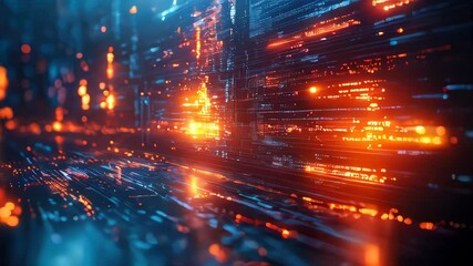 Poster - A highly detailed illuminated circuit board with glowing orange and red lights, emphasizing modern technology and data processing