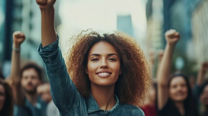 Smiling woman raises fist during social justice rally in an urban setting