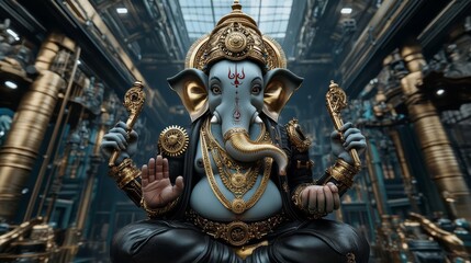 Ganesha with steampunk armor, brass gears, and mechanical detailing, set in an industrial temple