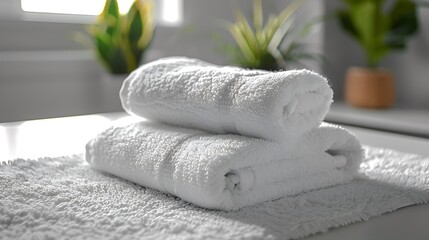 Two white fluffy towels neatly folded on a white bathroom rug with green plants in the background.