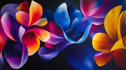 Wall Mural - abstract floral shapes in bright, saturated colors on a dark background