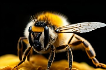 Bee on a black background. Macro bee the flower. Close up of bee on a flower