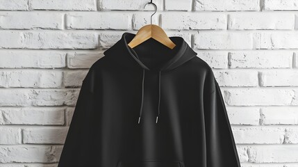 A plain black hoodie hanging on a wooden hanger against a white brick wall.