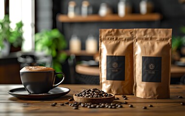 A cup of coffee with coffee beans and two coffee bags on a wooden table in a cafe.