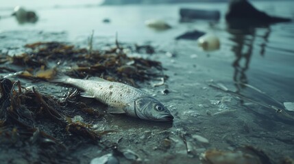 Wall Mural - A dead fish lies on the shore, surrounded by floating plastic and oil spills, highlighting severe marine pollution and coral reef damage. Generative AI