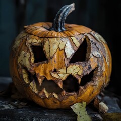 Poster - A weathered jack-o'-lantern sitting among dried autumn leaves