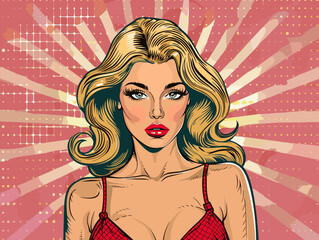 Sticker - Sexy blonde woman in red. Vector illustration in pop art style