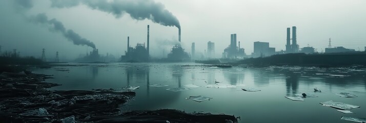 Poster - A dense layer of smog engulfs a contemporary metropolis, as factories emit smoke and plastic litter floats on the river’s surface. Generative AI