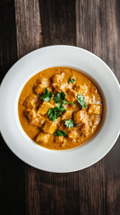 Wall Mural - Delicious chicken tikka masala garnished with coriander leaves, served in a white bowl on a wooden table