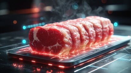 cultured meat promotion, lab-grown meat slices showcased on a modern serving board, promoting cultured meat consumption, for a banner design