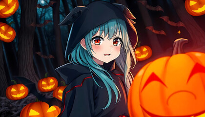 young anime-style girl with teal hair and red eyes wearing a black bat-like costume, surrounded by bats, jack-o-lanterns, and a dark, spooky forest background created with generative ai