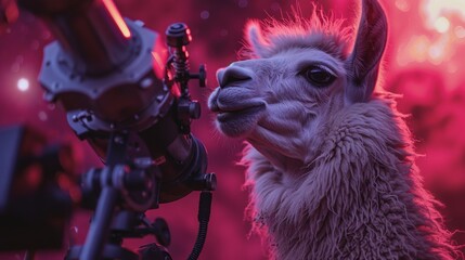 Wall Mural - llama peers through a telescope