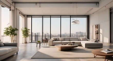 Wall Mural - A minimalist house with open floor and furniture 4k animation