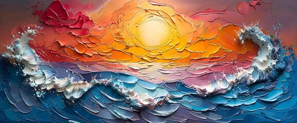 Poster - Abstract painting of a colorful sunset over a textured blue ocean.