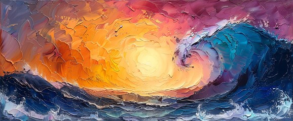 Abstract oil painting of a giant wave crashing in the sea at sunset.