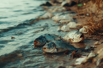 Poster - Dead fish are found on the shore, surrounded by floating plastic and oil spills, illustrating serious pollution and ecosystem harm. Generative AI